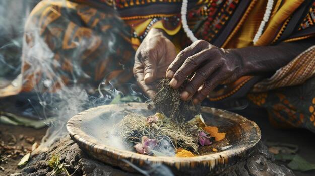 agraph-of-a-traditional-healer-performing-a-ceremony-with-herbs-and-incense-believed-to-have-healing-properties-photo